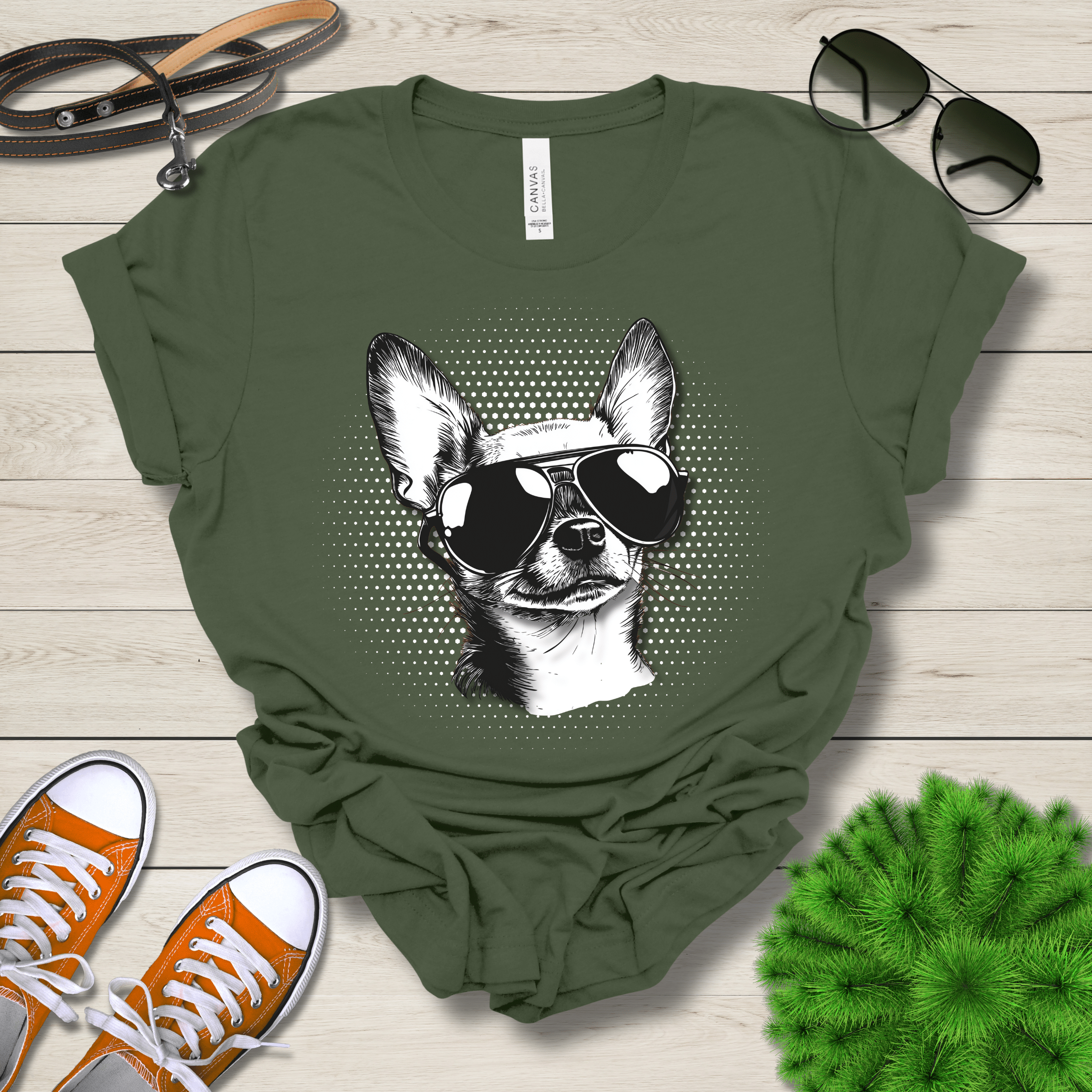 T-Shirt Military Green / S Chihuahua Top Dog Cool Dog with Sunglasses Premium Unisex Tee --reallyintothat