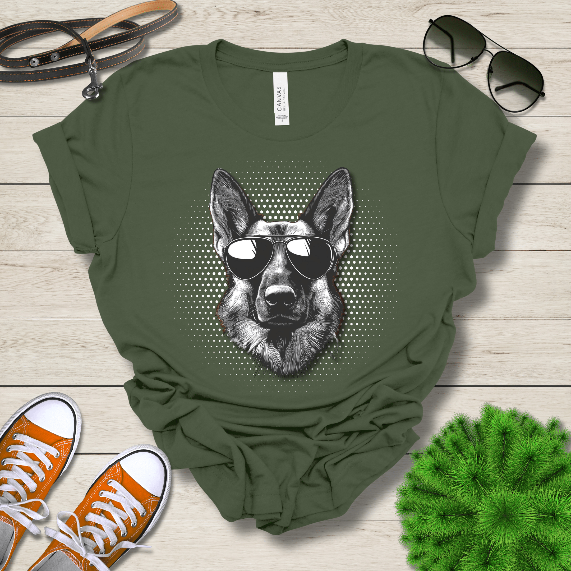 T-Shirt Military Green / S German Shepherd Top Dog Cool Dog with Sunglasses Premium Unisex Tee --reallyintothat